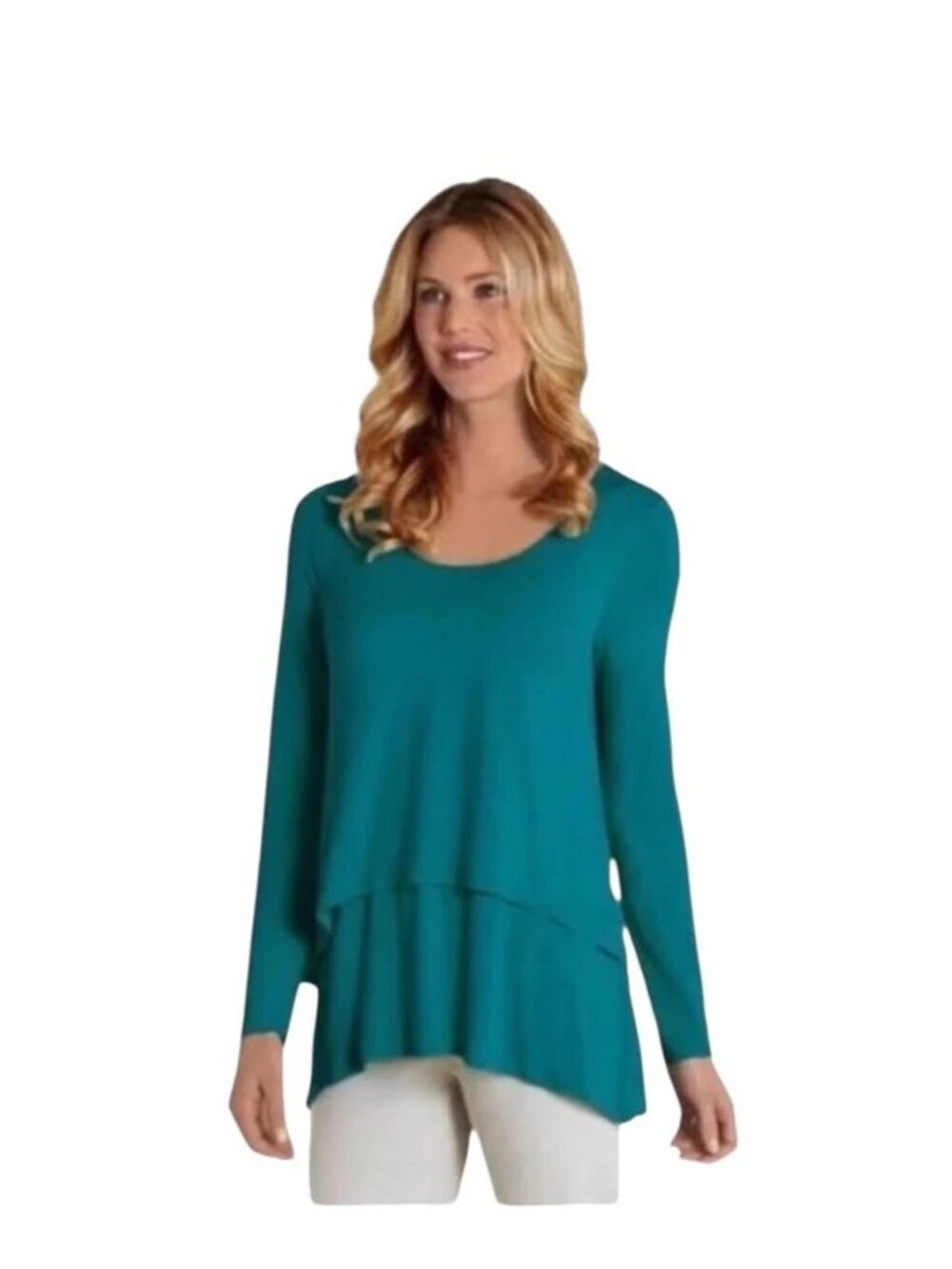 Soft Surroundings Women Size M Aqua Perfect Layers Jersey Knit Tiered Tunic Top